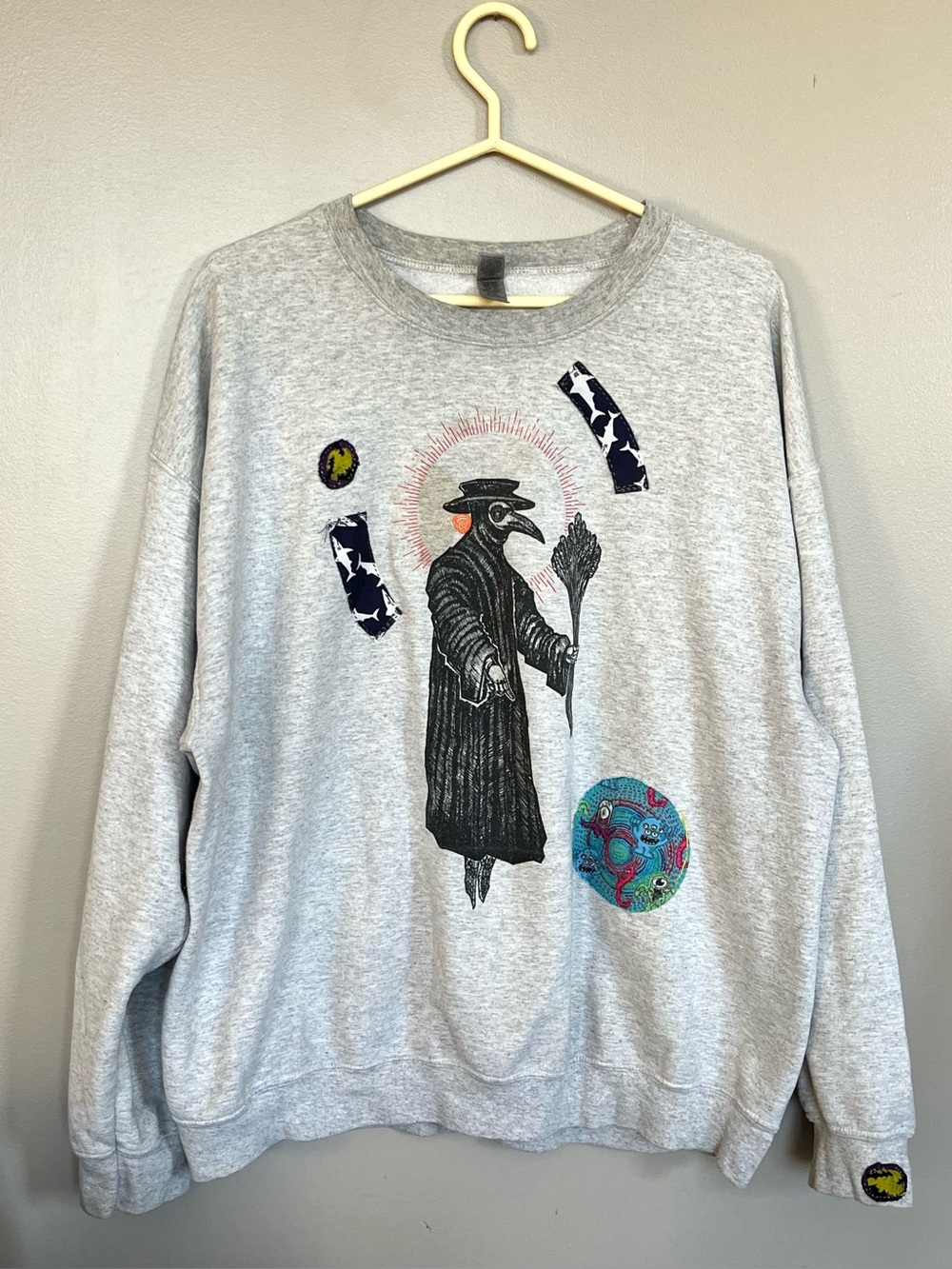 Crewneck Sweatshirt with Plague Doctor Motif and Unique Handsewn Patches